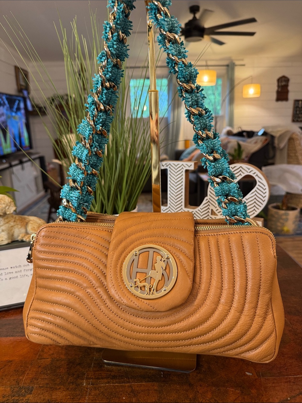 Henri Bendel Quilted Leather Shoulder Bag with Gold and Raffia Chain - Picture 1 of 15